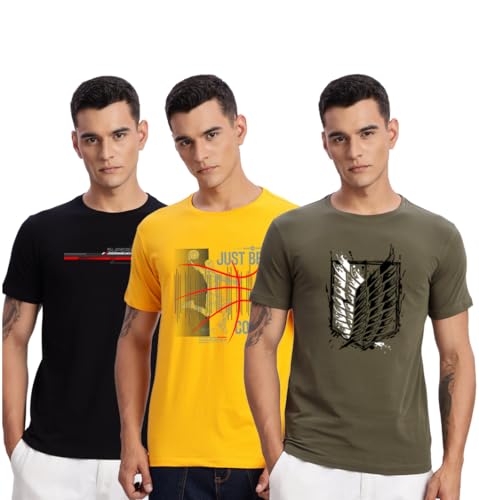 Image of ADRO 100% Cotton Lycra Tshirts for Men Combo Pack of 3 | Regular Fit | Printed T Shirt | Round Neck Half Sleeve| Mens Tshirts