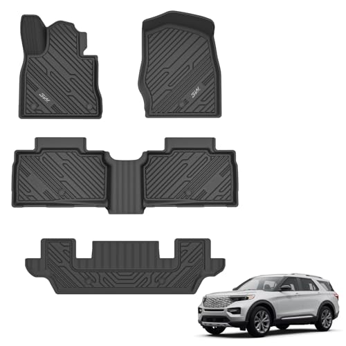 Image of 3W Ford Explorer Floor Mats Fit for 2020-2025 2026 Explorer 6 Passenger, TPE All Weather Floor Liner Custom Fit for Explorer Full Set Accessories 3-Rows Car Liners (Includes Explorer Hybrid)