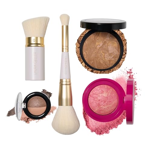 LAURA GELLER Daily Routine Kit | Sand | Limited Edition Makeup Set | Includes Baked Foundation for Mature Skin, Exclusive Blush, Eyeshadow, Retractable Kabuki Brush