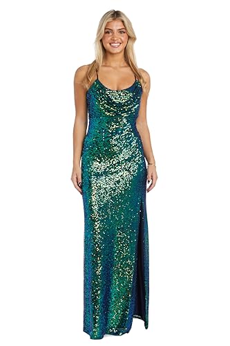 Image of Nightway Juniors' Long Sequin Cowl Neck Gown W /Cross-Back Spaghetti Straps & Side Slit - Prom Cocktail Party
