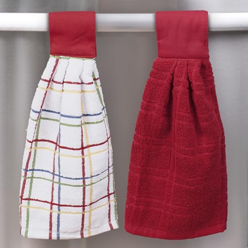 Image of Ritz Premium 100% Cotton Solid and Multi Check Kitchen Tie Towel, Absorbent, Super Soft, and Fast Drying Hang Towel, Set of Two, Paprika Red