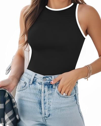 Image of MANGOPOP Women's Tank Top Bodysuit Contrast Crew Neck Sleeveless Racerback Halter Ribbed Body Suits Sexy Summer Going Out Top