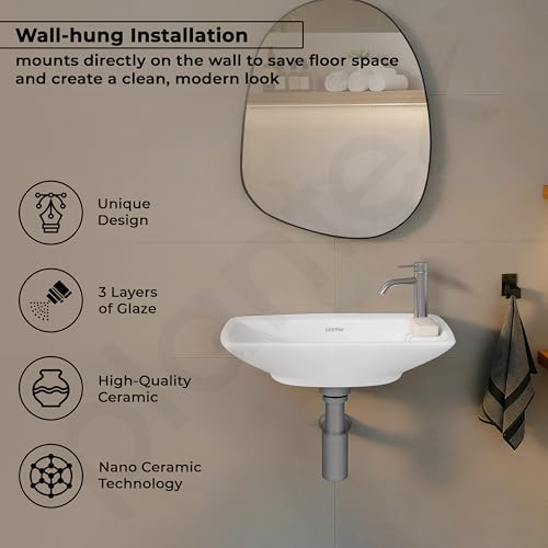Image of Plantex Ceramic Wall Hung Basin /Washbasin for Bathroom /Wall Mounted Wash Basin with 10 Years Glaze Warranty by Plantex /Small Basin (White - 17X9X5 Inch)