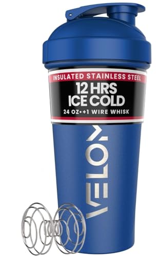 Image of VELOMIX 24 oz Stainless Steel Shaker Bottle with Wire Whisk - Leakproof, No Clumps, Odor Resistant Metal Shaker Bottle, Insulated Shaker Cups for Protein Shakes, Pre Workout and Smoothie(Blue)