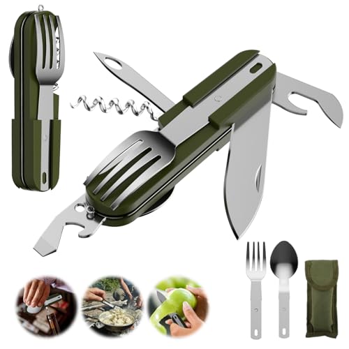 Couverts de camping 7 en 1,Couvert Camping Multifonction,Vaisselle Pliante en Acier Inoxydable,Vaisselle de Voyage,Accessoires Camping pour la Randonnée en...