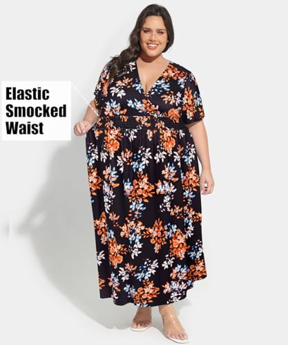 Image of CARCOS Plus Size Dresses for Curvy Women V Neck Summer Maxi Dress Short Sleeve Floral Boho Dress Smocked Waist Beach Dress