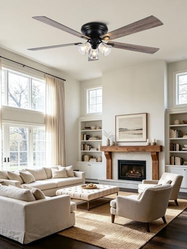 Image of 60 inch Flush Mount Vintage Ceiling Fan with Lights and Remote | Farmhouse Rustic Fandelier, 3 E26 Lights Low Profile Chandelier, for Bedroom Living Room, 5 Dual Blades (Bulbs Not Included)