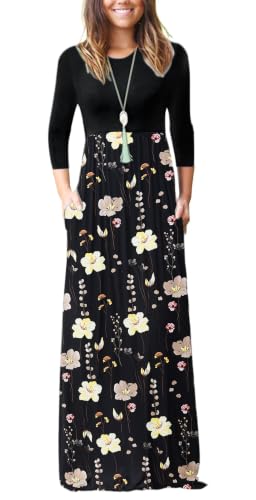 Image of WNEEDU Women's 3 /4 Sleeve Casual Loose Long Maxi Dresses with Pocket