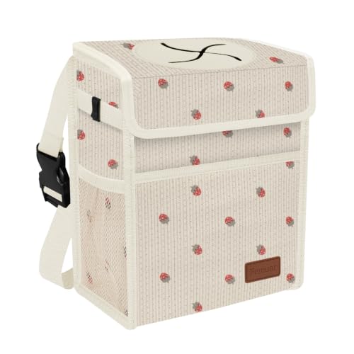 Image of Femuar Leak Proof Car Trash Can with Lid, Collapsible Hanging Waterproof Car Trash Bag with Mesh Pocket for SUV Front Seat Headrest, Beige Strawberry