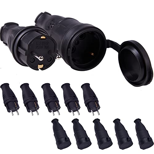 5 Sets Kit Fiche Mâle + Prise Femelle 250V 16A 4000 W Fiche Électrique en Caoutchouc Broche IP44 Fiche d'Alimentation Étanche - Pour câble de 0,5 à 3 cm²