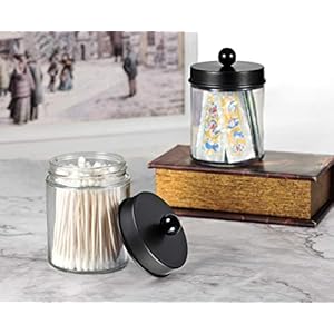 Amolliar apothecary jars bathroom storage organizer cute qtip dispenser holder vanity canister jar glass with lid for cotton swabsroundsbath saltsmakeup spongeshair accessoriesblack2 pack  urban country home decor