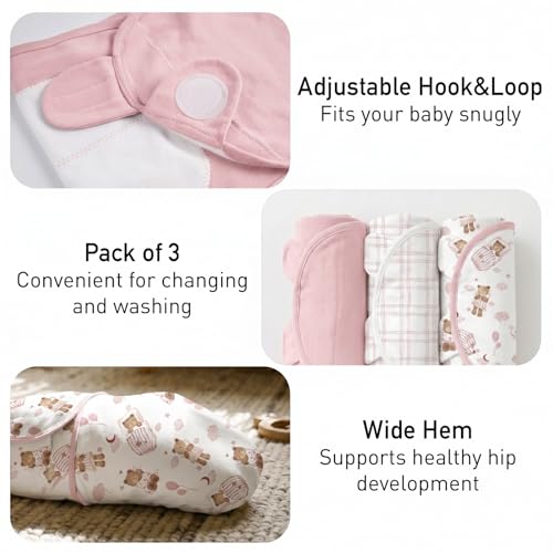 Image of GLLQUEN BABY Swaddles for Newborns 0-3 Months, Adjustable & Easy Fastener | 3-Pack, Baby Girl Swaddles Organic Cotton Womb-Like Nursery Swaddling Blanket reduces startle reflex, Soft & Skin-Friendly