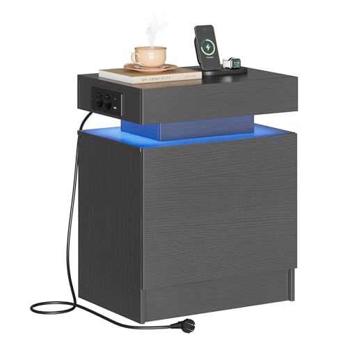 IRONCK Nachttisch Grau mit LED-Licht & Ladefunktion, Beistelltisch mit USB+Typ-C Anschlussen, Nachtschrank mit 2 Schubladen, Sofatisch für...