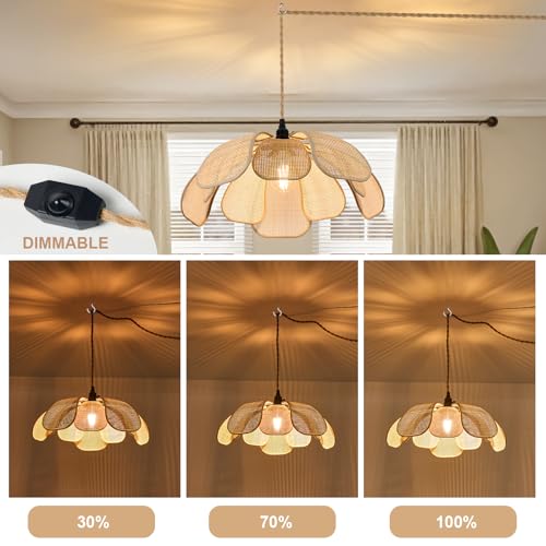 Image of 20 Inch Boho Flower Plug in Chandeliers for Dining Room | Farmhouse Rattan Pendant Lights Girl Chandelier Hand Woven Bedroom Light Fixture Dimmable Hanging Lamp For Kitchen Island