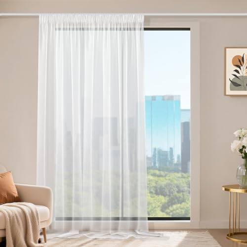 Runyéla 1 Pièce Rideau Voilage Fenetre Blanc 200x245 cm(LxH) avec Galon Fronceur, Transparent Moderne Rideaux et Draperies Décorations Intérieurs Cuisine...