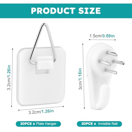 Image of 20 Pack Invisible Vertical Plate Holders, Plastic Picture Hanger Sticky Hanger, Adhesive Picture Hanger with Nail Picture Hanging Hooks for Decorative Picture Photo Plate Wall Art