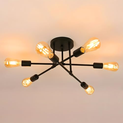 niuniaj Lámparas de Techo Retro,6 Luces Lámparas de Techo industriales,Plafon Sputnik E27,Lámpara de Araña Moderna para Dormitorio, Sala de Estar, Cocina, Comedor,Negro(Sin Bombilla)