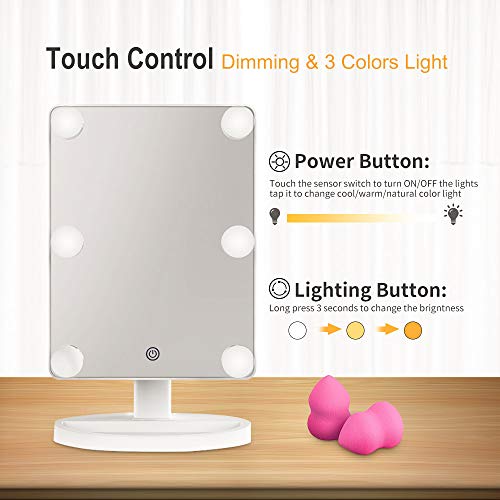 Hollywood Makeup Vanity Mirror with Lights Bedroom Lighted Standing Mirror with Dimmer, Screen Touch Control 360° Rotation Tabletop Cosmetic Mirror (White) - Thumbnail 2