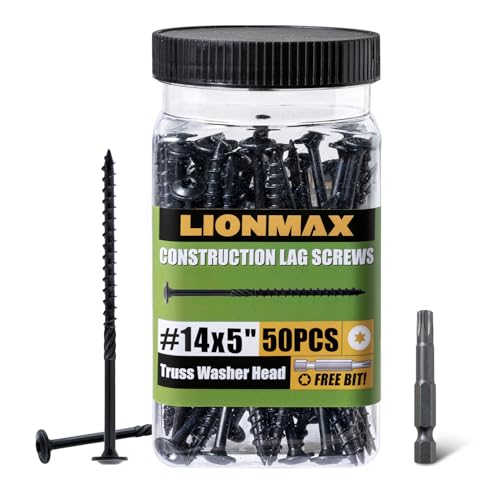 LIONMAX Lag Screws 5 Inch, Structural Wood Screw #14 x 5, 50-PCS Heavy Duty Construction Screw, Rust Resistant, Washer Head, Black Coated Exterior Wood/Lag/Timber Screws, Star Drive with Bit
