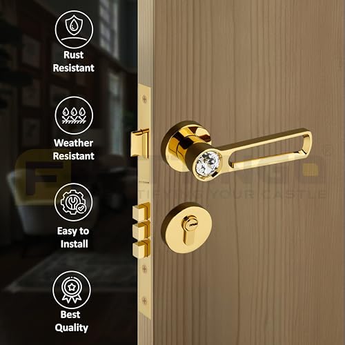 Image of Nice Mortise Door Handle Lock Set /Premium Zinc Alloy Door Handle with Locks /Heavy-Duty Main Door Handle with Lock for Home, Office & Hotel Doors - 3 Years Warranty (PVD Gold)