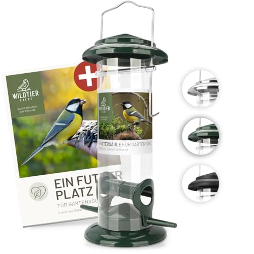 Körner Mangeoire pour oiseaux, 23,5 cm, vert, en métal inoxydable, colonne d&rsquo;alimentation pour oiseaux, silo d&rsquo;alimentation pour oiseaux sauvages, pour toute l&rsquo;année