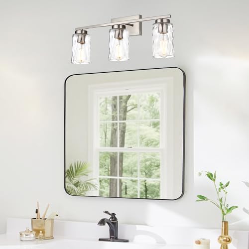 Image of Bathroom Light Fixture Over Mirror 3 Light Farmhouse Vanity Lights for Bathroom Modern Brushed Nickel Sconces Wall Lighting Flush Mount Fixtures with Clear Hammered Shade, E26 Socket