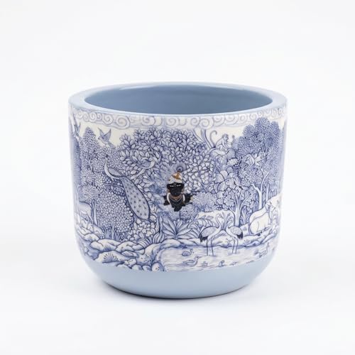 Image of Glass Finish Terracotta Planter Pot for Home Decor | Flower Pot | Blue and White, Krishna and Peacock Theme, 11.4cm x 10cm