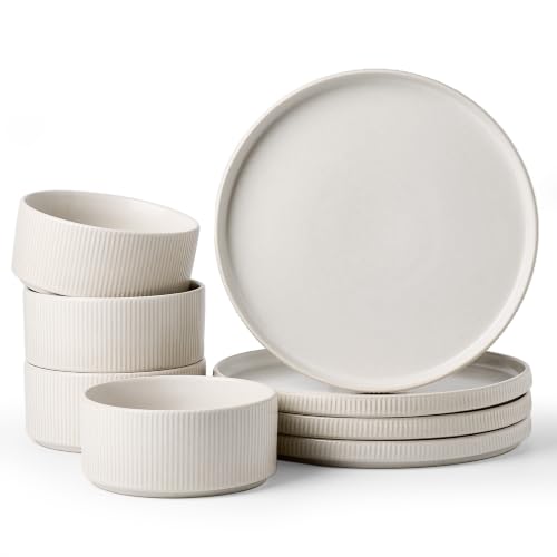 Image of Famiware Star 8-Piece Stoneware Dinnerware Sets for 4 - 10.5 inch Flat Dinner Plates & 23 oz Deep Cereal Bowls, for Everyday & Formal Use, Chip & Scratch Resistant, Microwave /Dishwasher Safe, Matte White