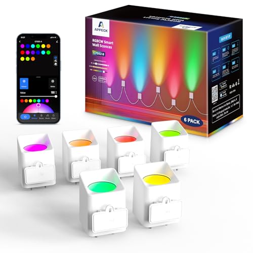 Image of APPECK Wall Sconces 6 Pack, LED Wall Lights RGBCW 13FT, Ambient Lighting | Indoor Color Changing Wall Sconce, DIY Scene Modes, Timer Function, Living Room /Bedroom /Game Room, Alexa Compatible, White