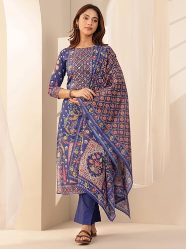 Image of Libas Printed Cotton Straight Kurta With Trouser and Dupatta
