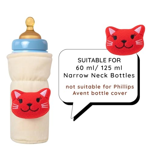 Image of Soft Plush Stretchable Baby Feeding Bottle Cover Easy to Hold Strap with Cute Animated Cartoon| Suitable for 60-125 Ml Feeding Bottle (Cream-Green)