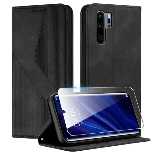 Coiwxmoi Cover per Huawei P30 Pro con 1 Vetro Temperato, Custodia Pelle PU con Carte, Magnetica Funzione Supporto, Case Protettiva a Portafoglio con Chiusura a Libro, Nero