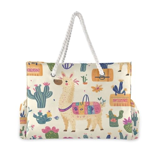 Llama and Cactus Beach Bag & Travel Tote Bag Large Sandproof with Zipper Closure, Wet Pouch for Swim Gym Travel, Lightweight Foldable Outdoor Bag2