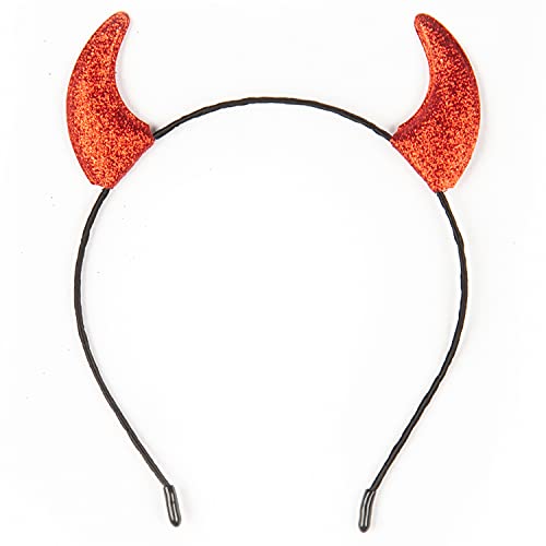 FUNCREDIBLE Red Devil Horns Headband | Glitter Devil Ears Headband | Devil Costume Accessory | Halloween Fancy Cosplay Outfit Accessories for Women, Men and Kids (Red)