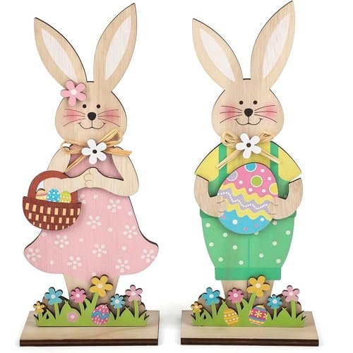 HCQC Statue Lapin de Pâques en Bois Artisanal – Décoration de Table à Poser – Ornement de Pâques Fait Main pour la Maison – Cadeau de Pâques Idéal