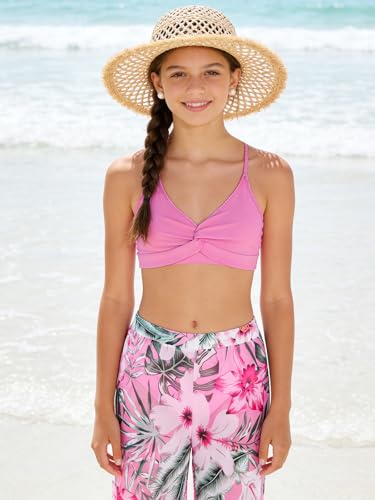Image of Girls Swimsuit 3 Piece Bathing Suit Criss Cross Bikini Set Tropical Floral Swimwear with Mesh Cover Up Pants Size 9-16Y