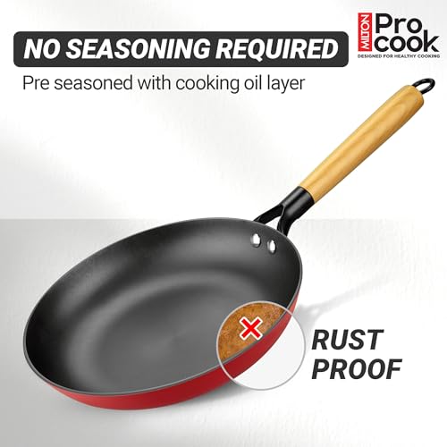 Image of Milton Pro Cook Induction Cookware & Gas Stove Friendly Cast Iron Fry Pan 26cm | Omelette Pan | Fish Fry Pan | Wooden Handle | PFOA Free | Scratch Resistant | Even Heat Cooking | Dishwasher Safe | Red