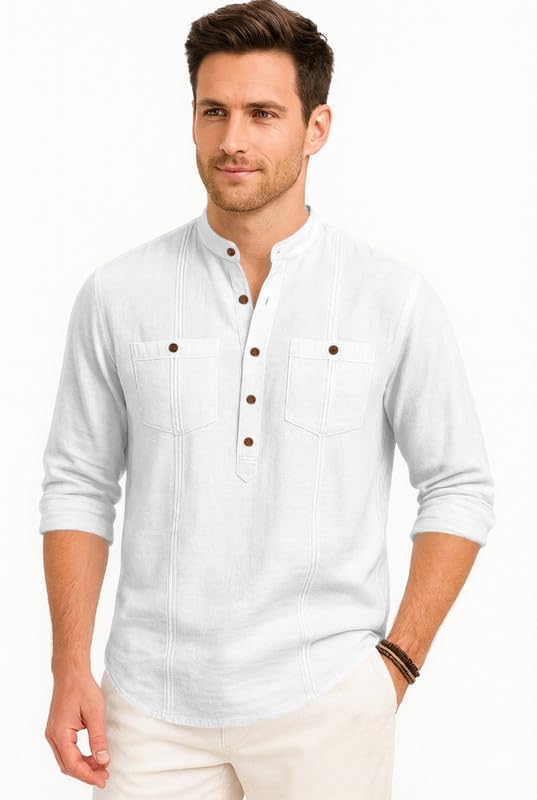 Image of ROYALSCOUT Men's Cotton Polyester Blend Kurta Style Shirt with Mandarin Collar, Half Button Placket, Dual Chest Pockets, Long Sleeve Casual Ethnic Fusion Wear for Office, Festive and Daily Use