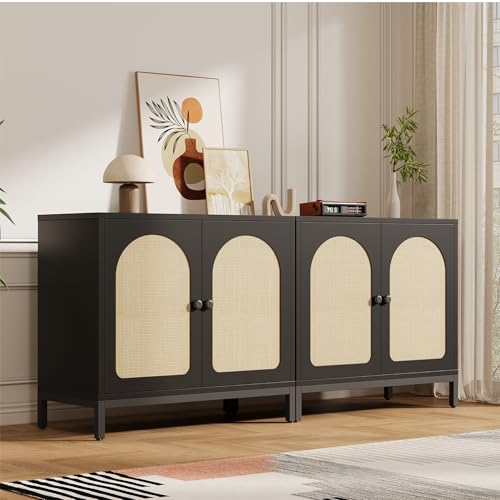 GarveeHome Rattan Sideboard Buffet Cabinet Set of 2, Boho Accent Kitchen Storage Liquor Bar Console Cabinet with Adjustable Shelf for Living Room, Hallway, Black