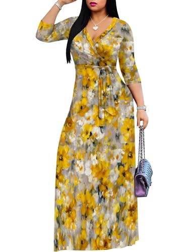 Image of Plus Size Dresses for Women Floral Print Maxi Dress Flowy 3 /4 Sleeve with Belt