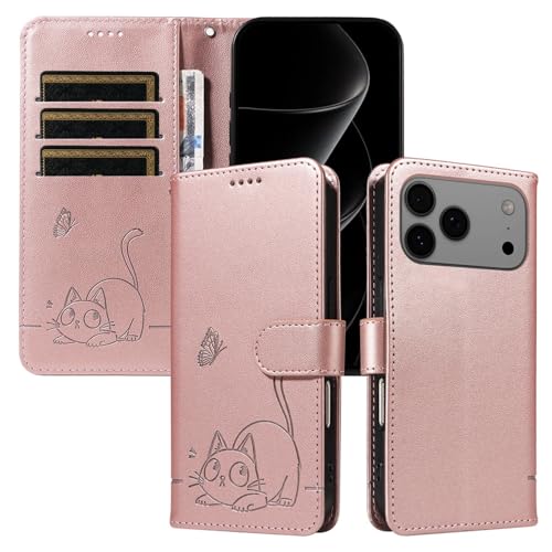 Étui iPhone 16 Pro chat mignon pour vos sorties et voyages quotidiens en or rose