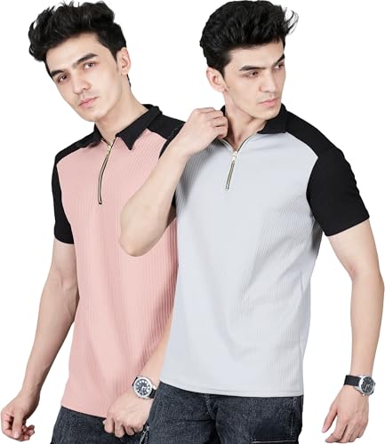 Image of London Hills Men's Premium Pure Polyester Zipper Polo Neck T-Shirt | Lightweight & Comfortable Half Sleeves T-Shirt | Polyester Blend | Regular & Comfort Fit (Pack of 2)