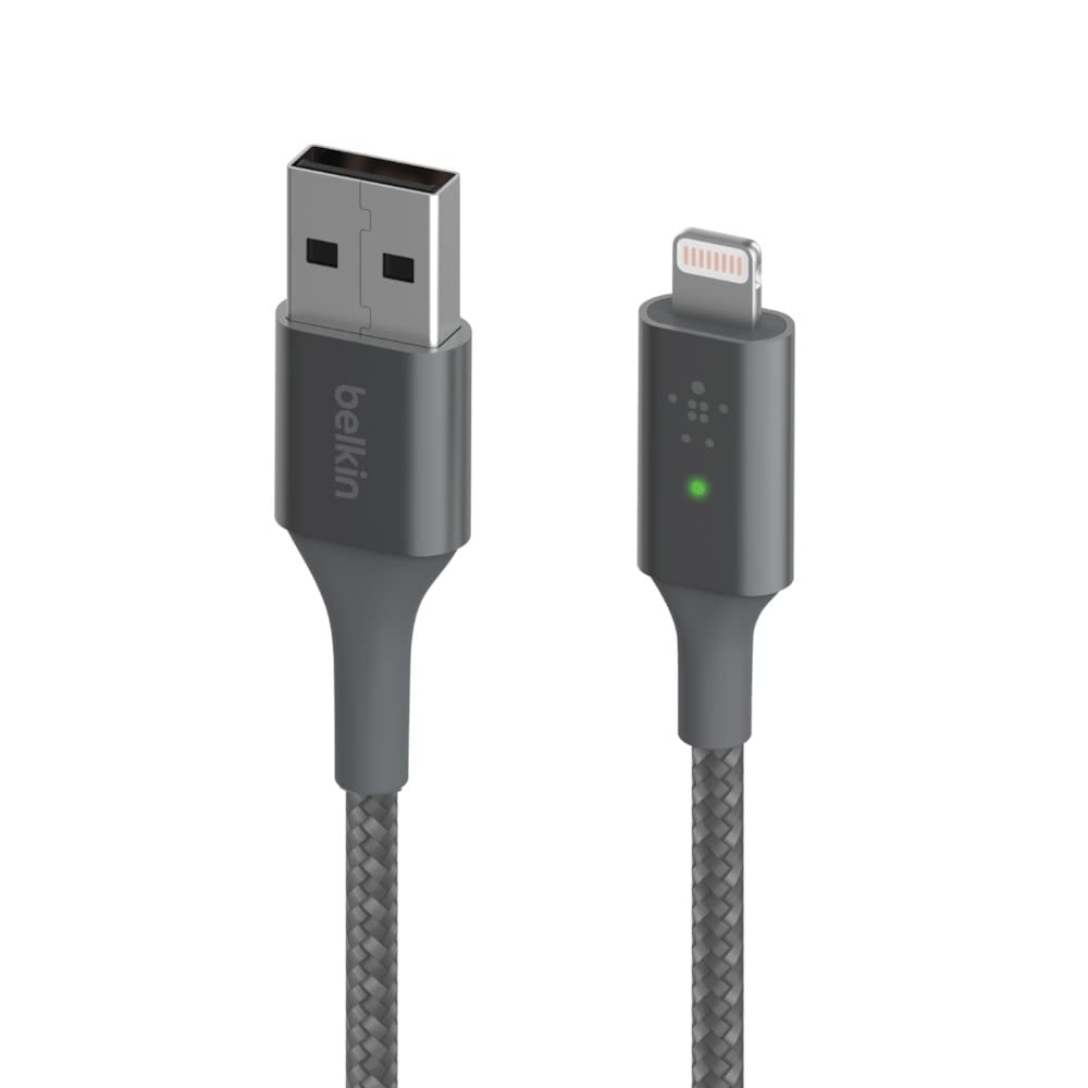 Belkin Cavo di Ricarica da USB a Lightning con LED Intelligente, 1.2 m (Visualizza lo stato di ricarica), per iPhone, AirPods e iPad, Certificato Mfi, Grigio