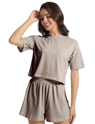 Image of Split Short Pajama Set Soft Women's Striped Pajama Sleeve Tee & Elastic Waist Shorts Summer Lounge Sleepwear