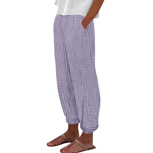 Crop Pants for Women Casual Striped Linen Pants Cropped Elastic Waist Straight Leg Capri Gauze Lightweight Summer Capris with Pockets Pin Stripe Beach Pants Beachy Cruise Outfits 2025