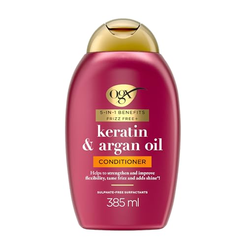 OGX 5in1 Benefits Frizz Free with Keratin & Argan Oil Conditioner, Strengthens and Improves Flexibility, Tames Frizz and Adds Shine, Sulfate Free, 385ml
