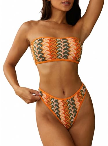 Image of ZAFUL Women Strapless Textured Bandeau Bikini 2 Piece Swimwear Cheeky Solid Lace up Bathing Suits