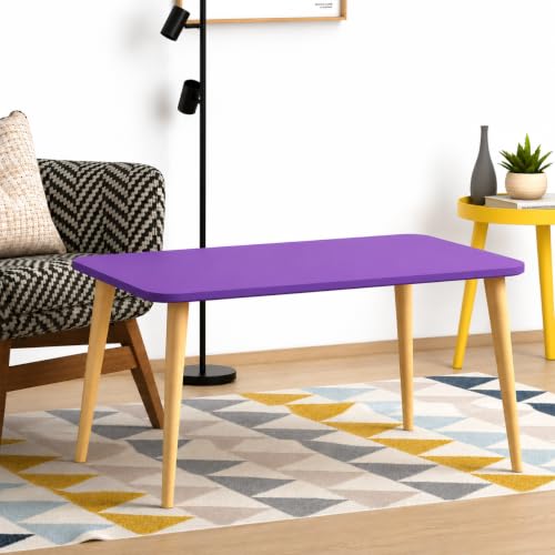 Image of Wooden Foldable Coffee Table - Rectangular Center Tea Table for Living Room & Bedroom, Easy Assembly with Solid Wooden Legs (Purple)