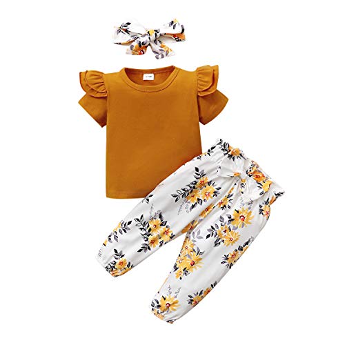 3Pcs Toddler Girl Clothes,Solid Color Long Sleeves Ruffle Top+ Floral Pant +Floral Headband