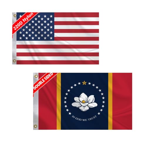 2 Pack Double Sided New Mississippi State and America USA Boat Flags 12x18inch,220D Sturdy Nylon US Flag for Boat Motorcycle Truck,MS Marine Flags with 2 Brass Grommets.